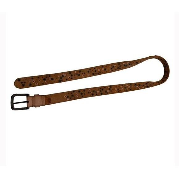 COWBOYSBELT Studded Leather Belt Tan Rivets Western Biker Boho Chic 90 Medium - Picture 2 of 8